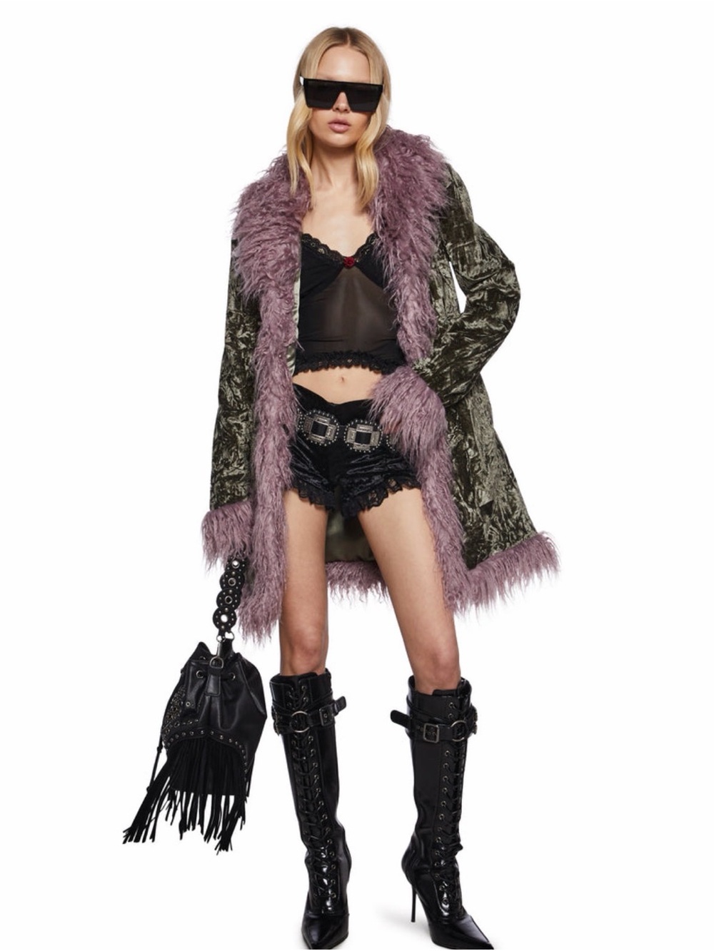 Olive Velvet Coat with Mauve Faux-Fur Trim dolls kill - Picture 2 of 5